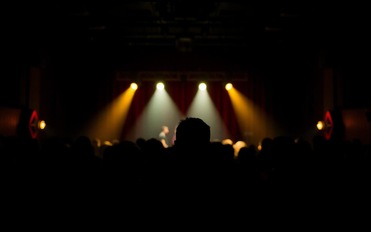 Concert crowd silhouetted against stage lighting