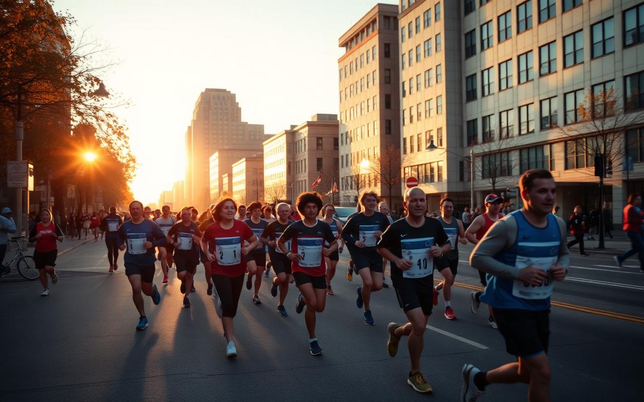 Riders and runners moving down a closed city street at sunrise